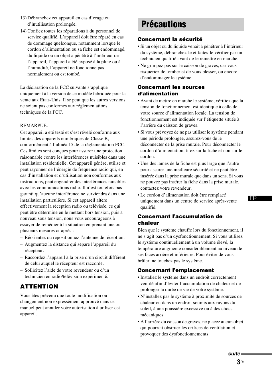 Précautions | Sony HT-CT150 User Manual | Page 41 / 124