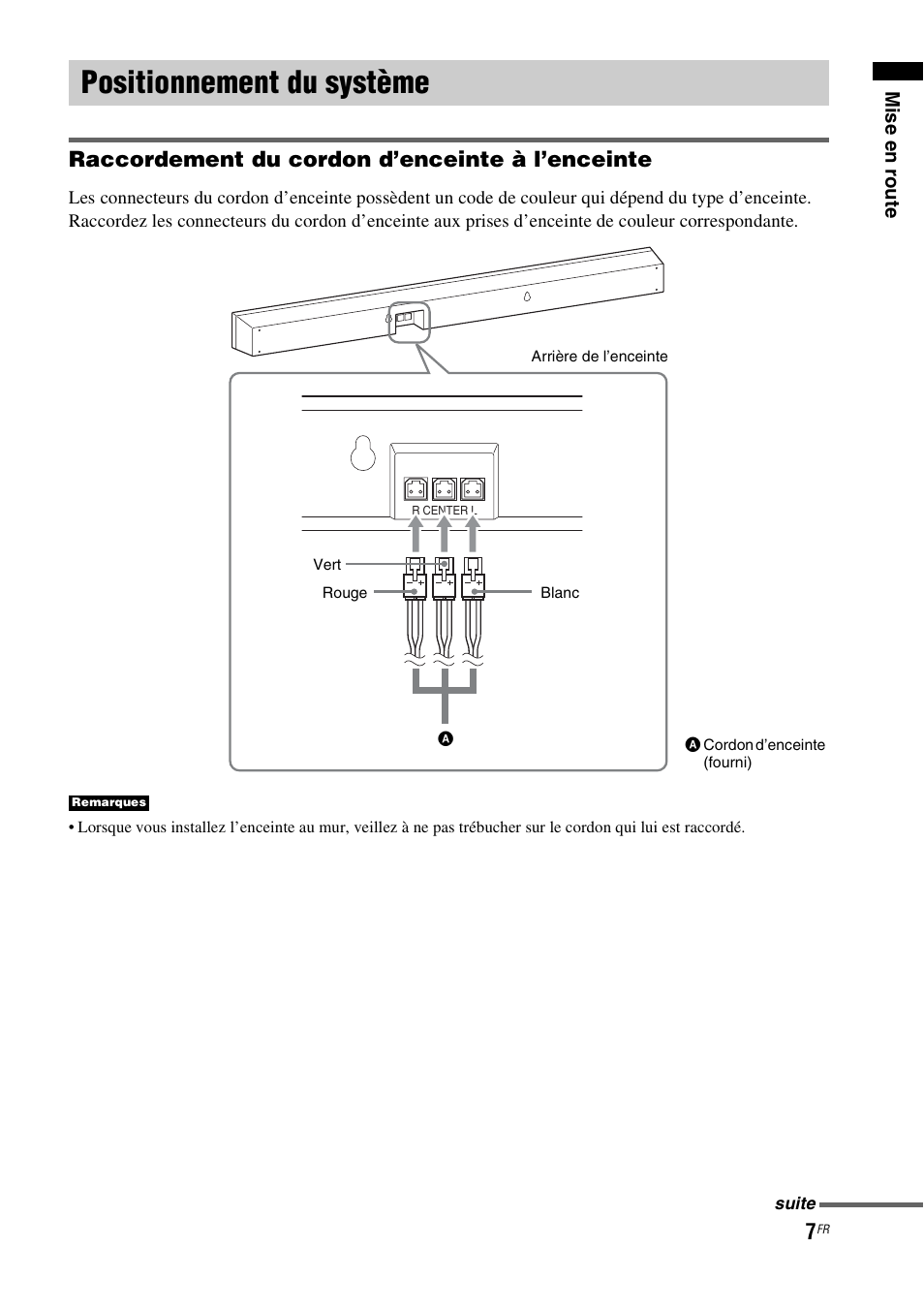 Positionnement du système, Raccordement du cordon d’enceinte à l’enceinte | Sony HT-CT150 User Manual | Page 45 / 124