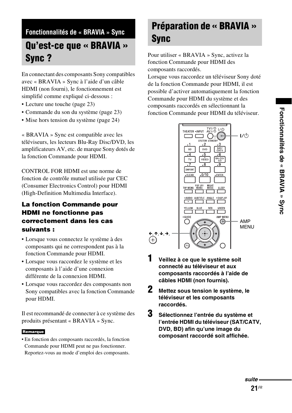 Fonctionnalités de « bravia » sync, Qu’est-ce que « bravia » sync, Préparation de « bravia » sync | Sony HT-CT150 User Manual | Page 59 / 124