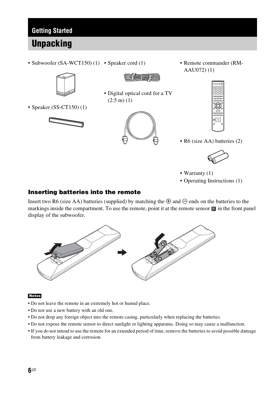 Getting started, Unpacking | Sony HT-CT150 User Manual | Page 6 / 124