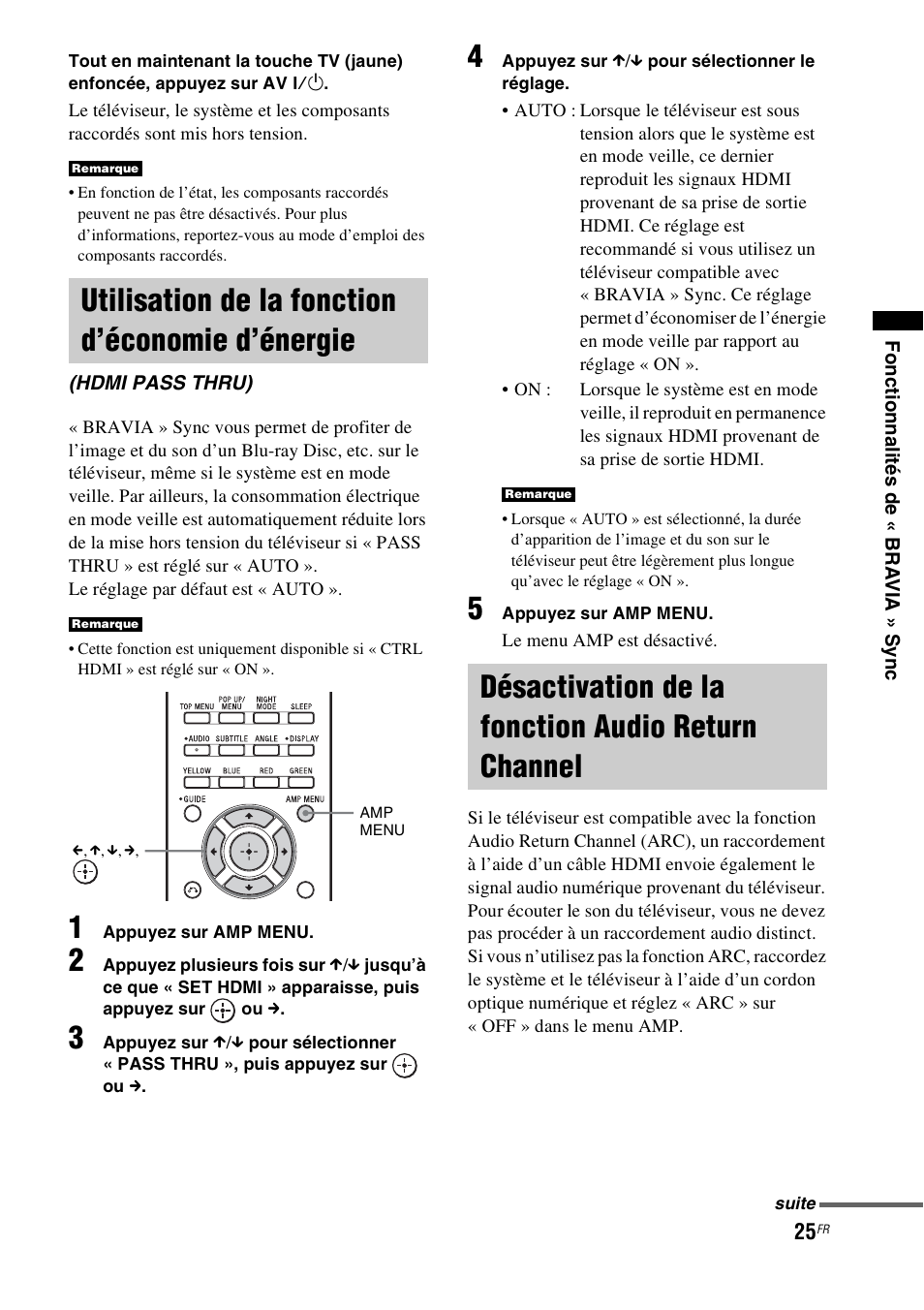 Utilisation de la fonction d’économie d’énergie, Désactivation de la fonction audio return channel, Utilisation de la fonction d’économie | D’énergie (hdmi pass thru), Désactivation de la fonction audio, Return channel | Sony HT-CT150 User Manual | Page 63 / 124