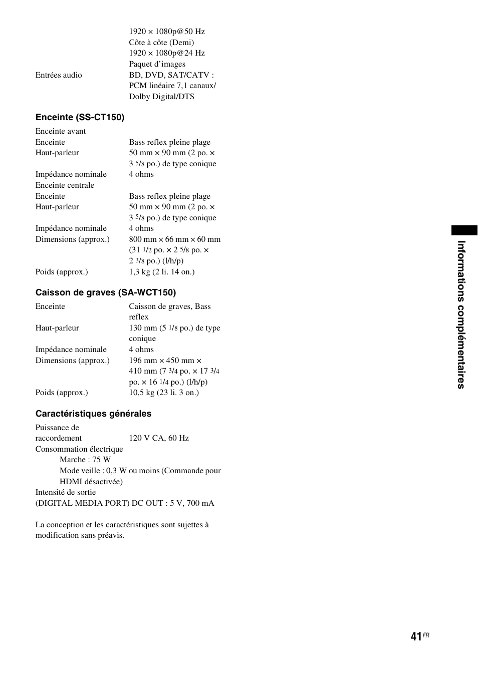 Inf o rmat ions com p lé men taires | Sony HT-CT150 User Manual | Page 79 / 124