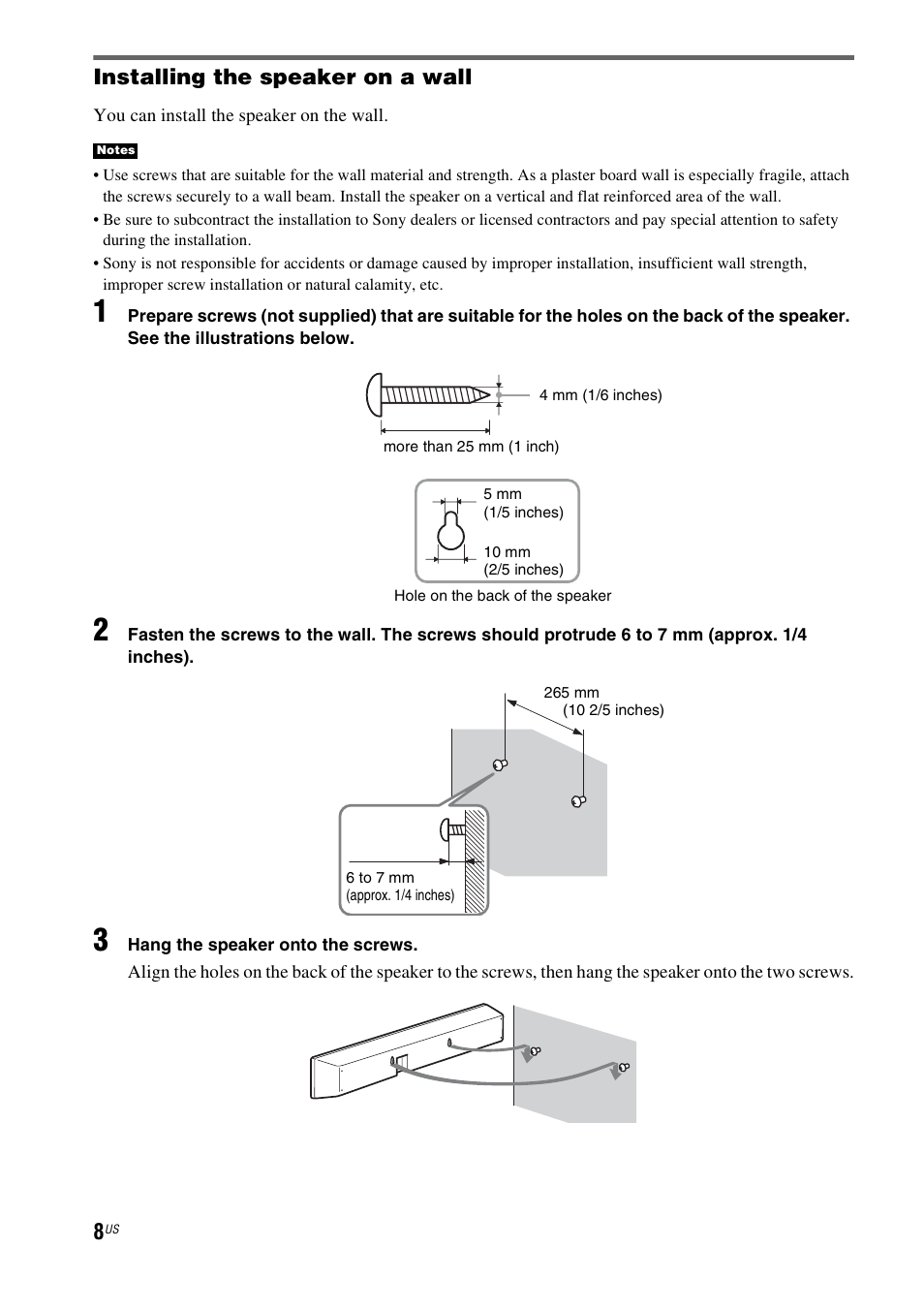 Installing the speaker on a wall | Sony HT-CT150 User Manual | Page 8 / 124