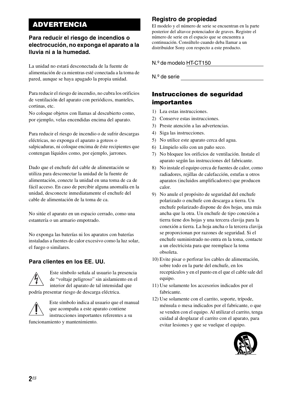 Advertencia, Registro de propiedad, Instrucciones de seguridad importantes | Sony HT-CT150 User Manual | Page 82 / 124