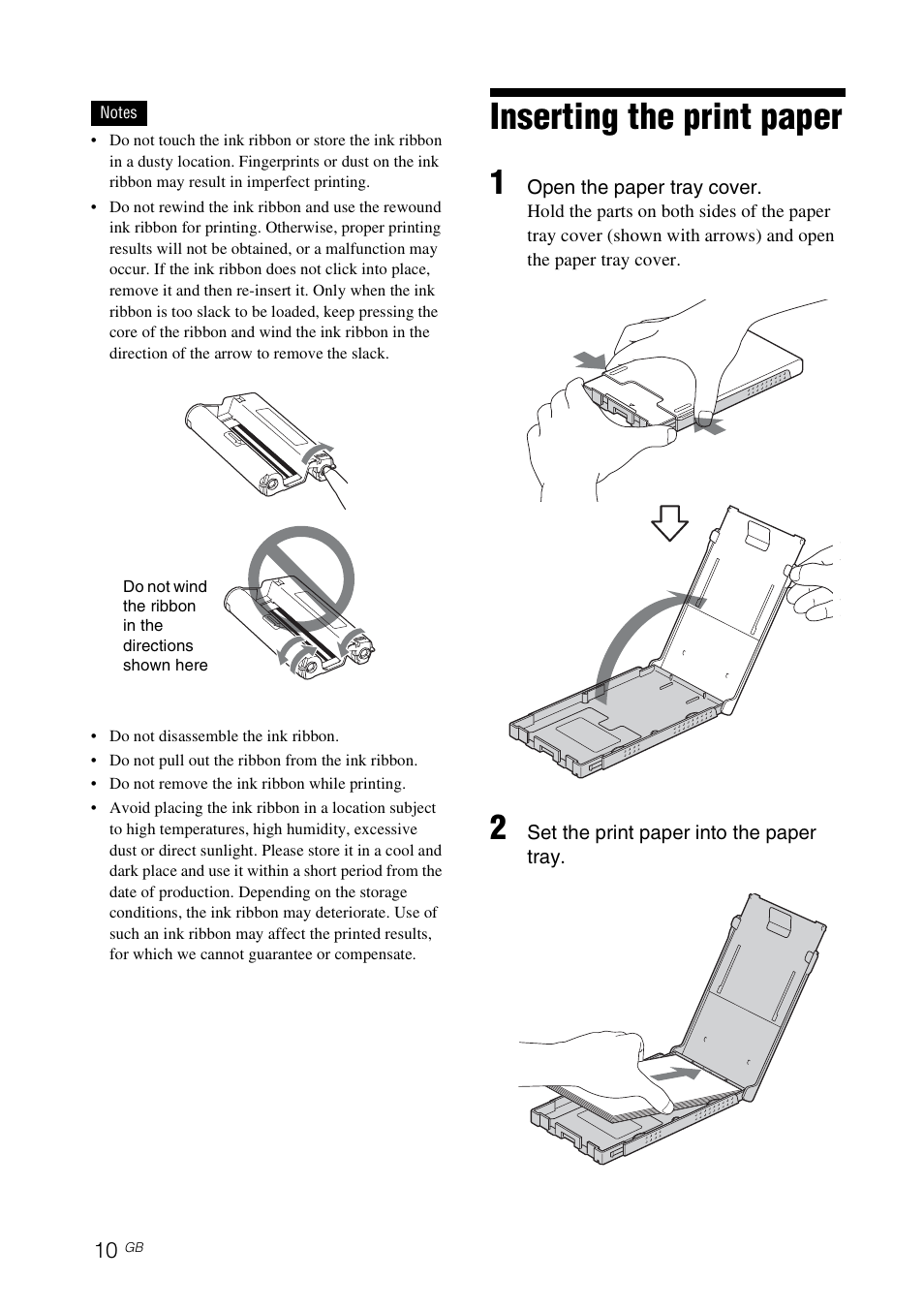 Inserting the print paper | Sony DPP-FP77 User Manual | Page 10 / 72