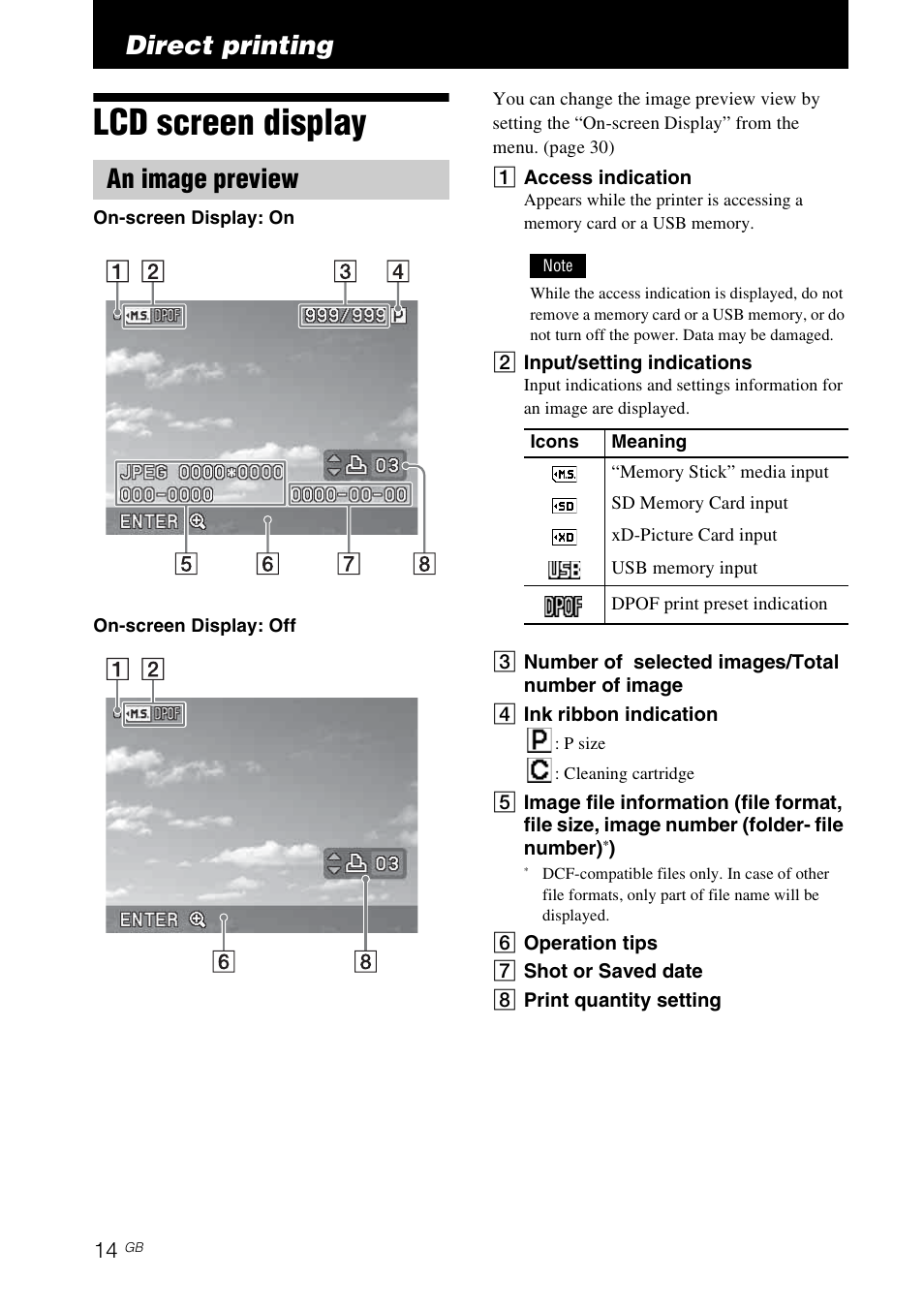 Direct printing, Lcd screen display, An image preview | Sony DPP-FP77 User Manual | Page 14 / 72