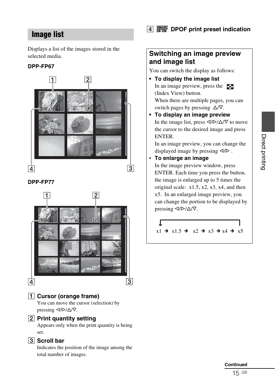 Image list, Switching an image preview and image list | Sony DPP-FP77 User Manual | Page 15 / 72