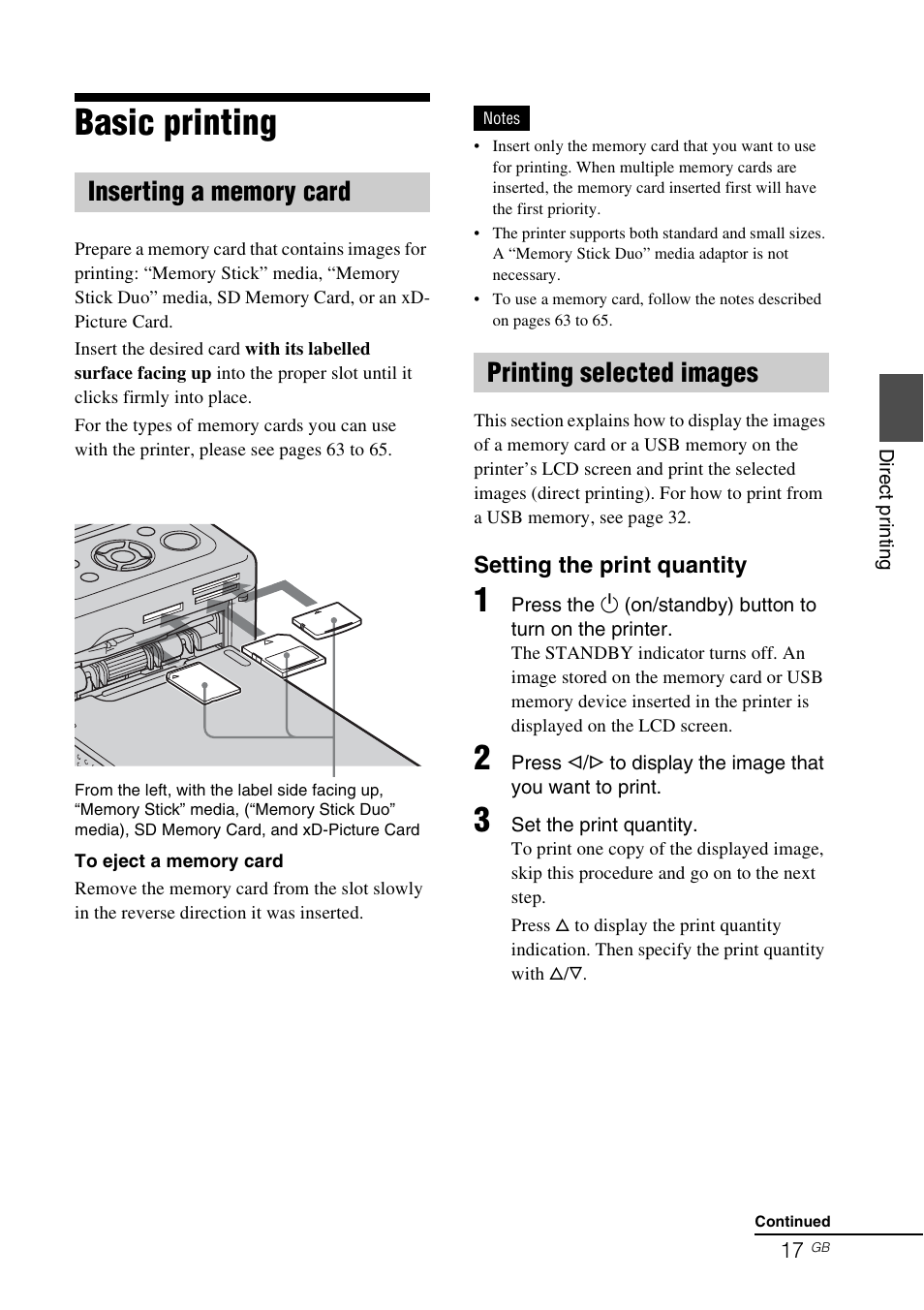 Basic printing, Inserting a memory card, Printing selected images | Inserting a memory card printing selected images, S17, 64 | Sony DPP-FP77 User Manual | Page 17 / 72