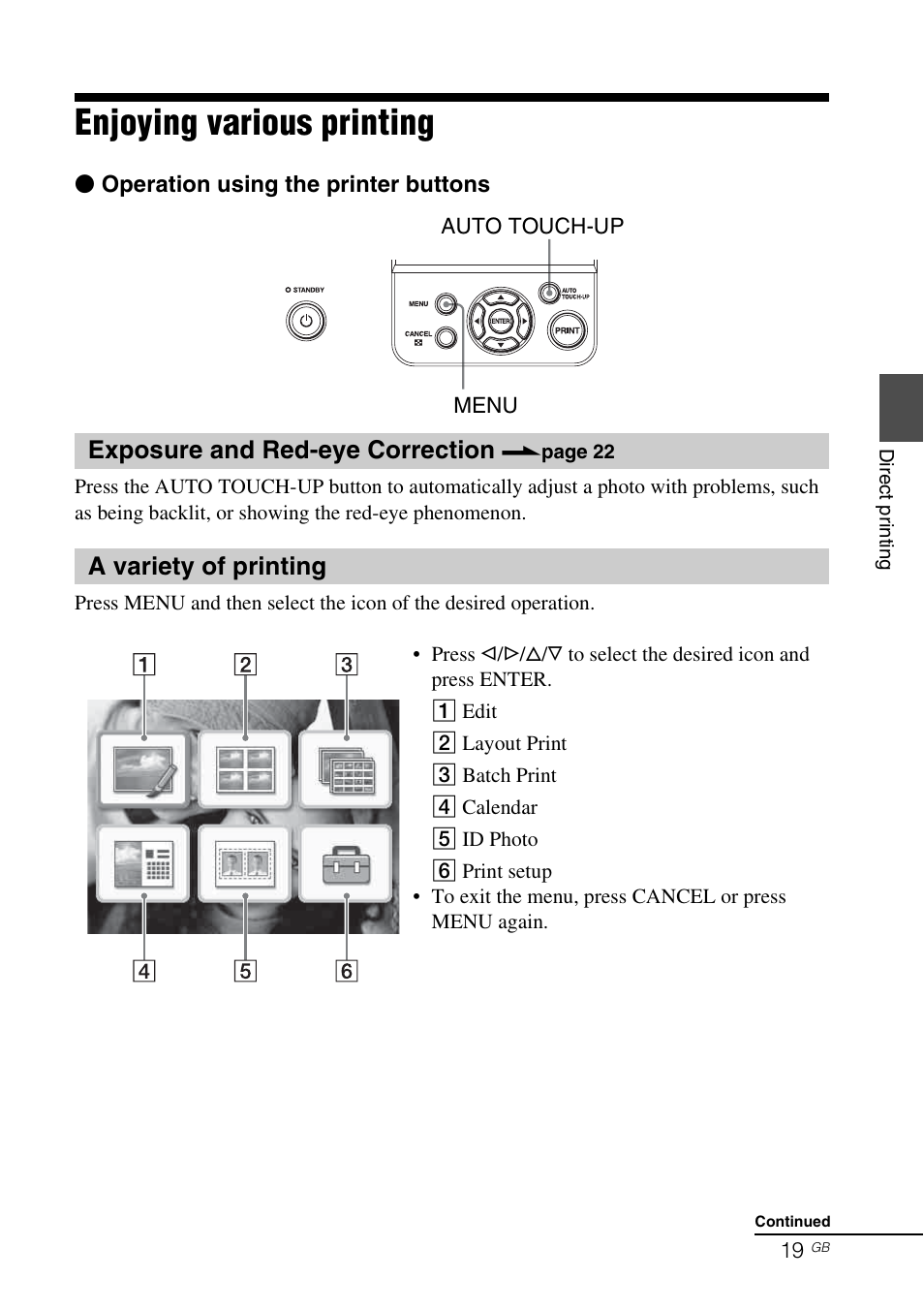 Enjoying various printing, Exposure and red-eye correction, A variety of printing | Sony DPP-FP77 User Manual | Page 19 / 72
