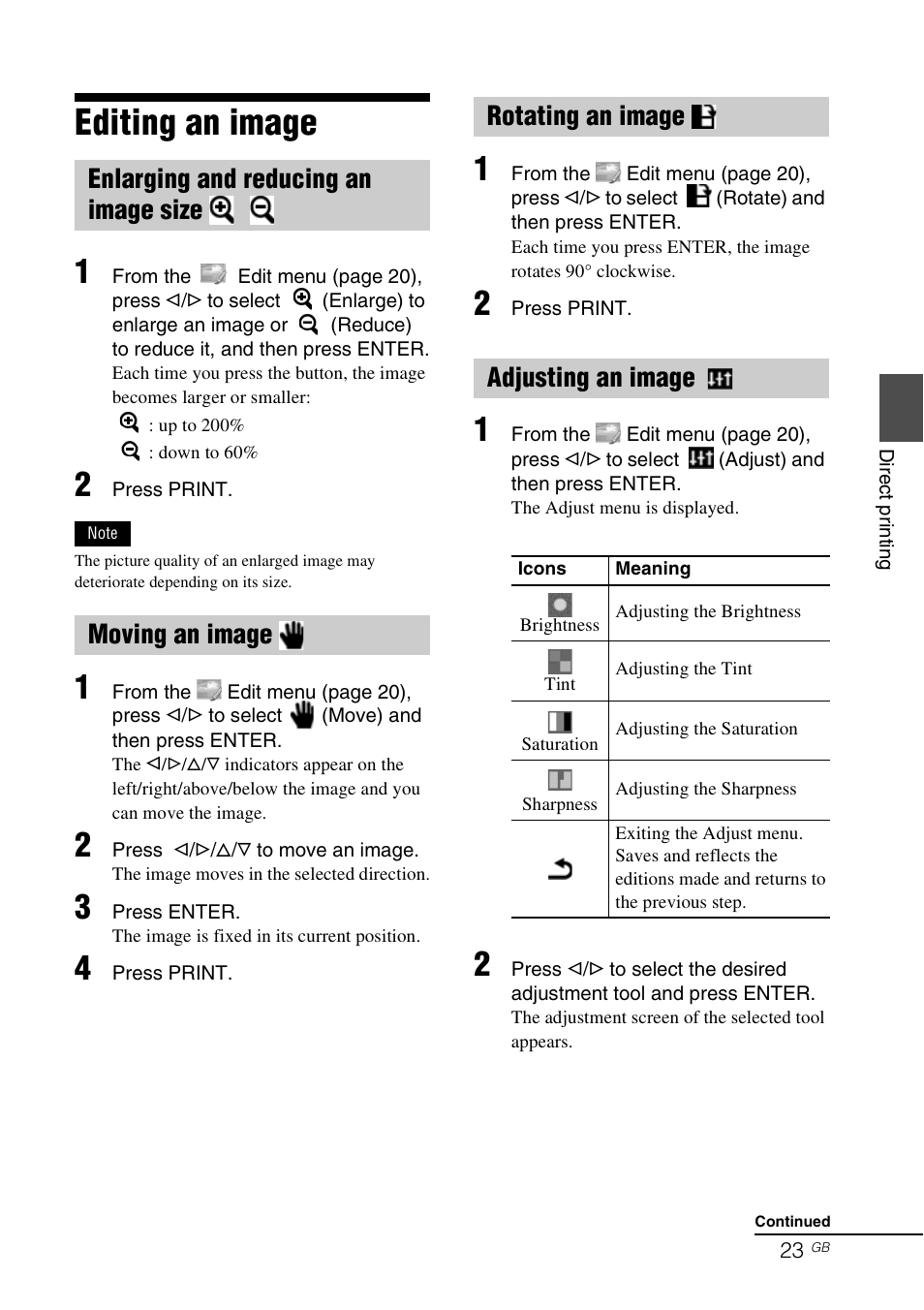 Editing an image, Enlarging and reducing an image size, Moving an image | Rotating an image, Adjusting an image, It (23, E (23) | Sony DPP-FP77 User Manual | Page 23 / 72