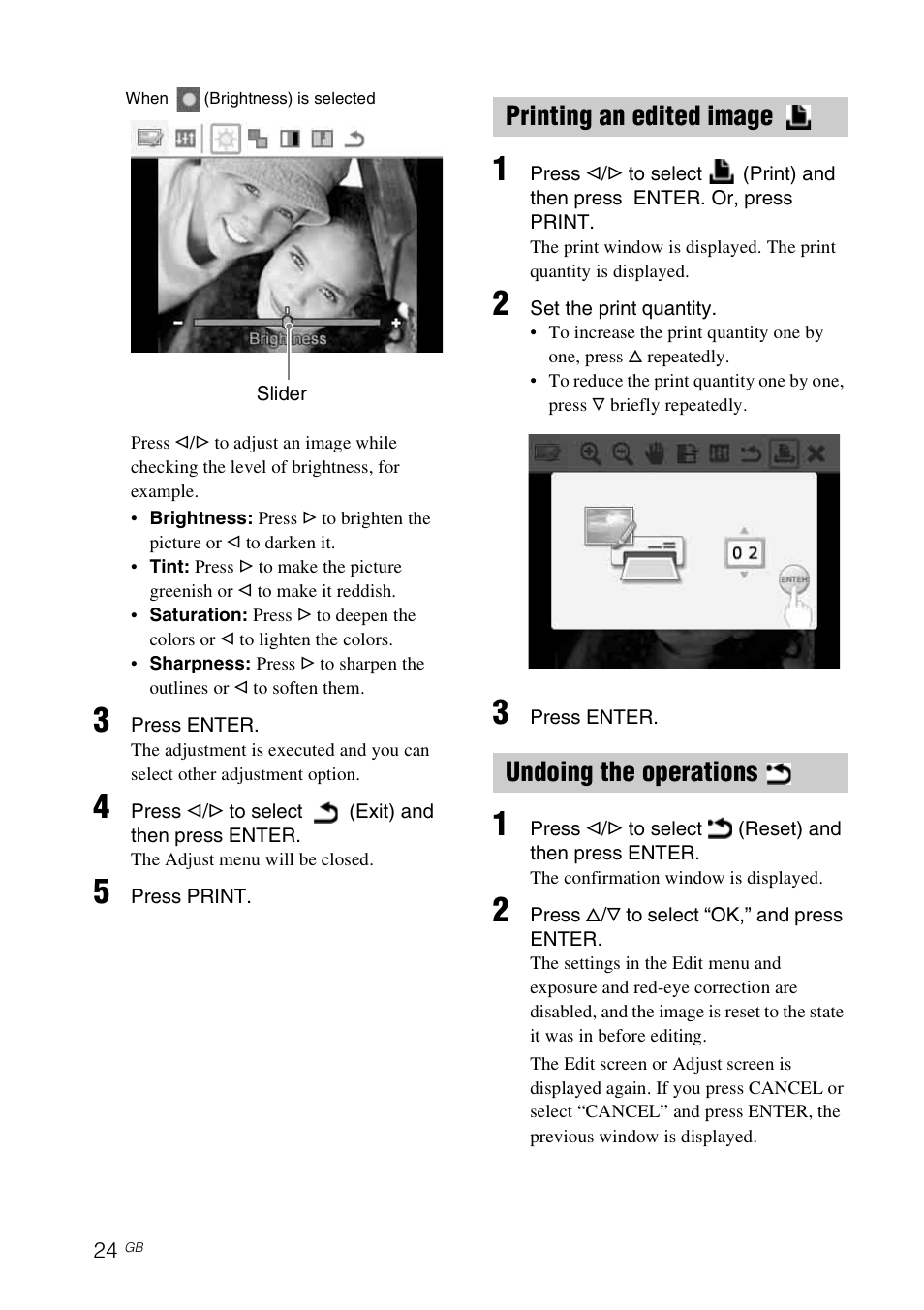 Printing an edited image, Undoing the operations, Printing an edited image undoing the operations | Sony DPP-FP77 User Manual | Page 24 / 72
