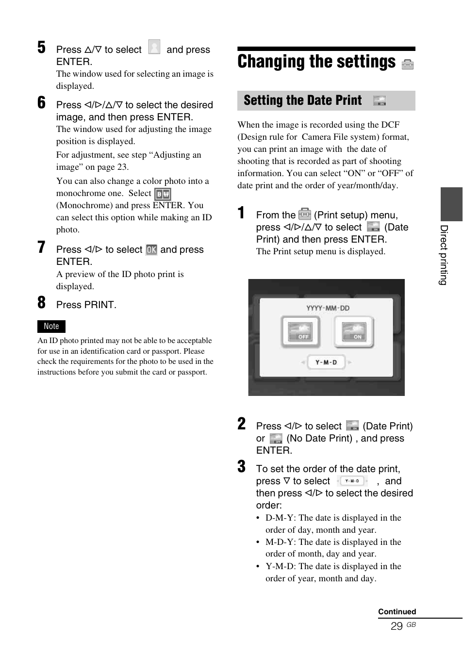 Changing the settings, Setting the date print | Sony DPP-FP77 User Manual | Page 29 / 72