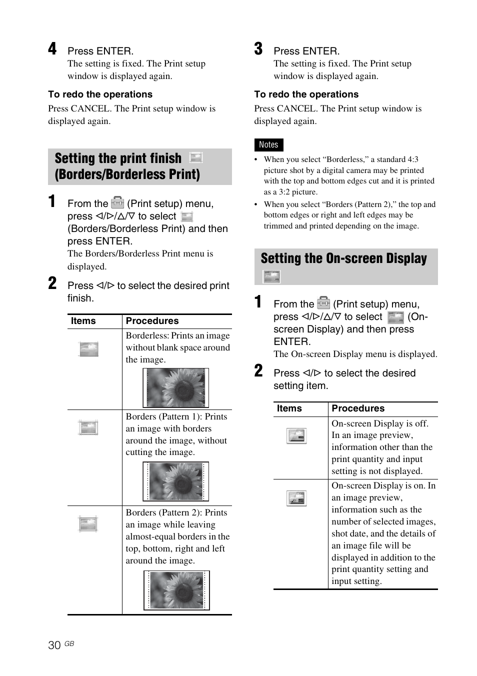 Setting the on-screen display, Setting the print finish, Borders/borderless print) | Sony DPP-FP77 User Manual | Page 30 / 72