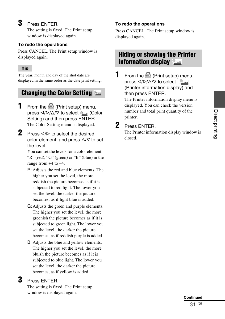 Changing the color setting, Hiding or showing the printer information display | Sony DPP-FP77 User Manual | Page 31 / 72