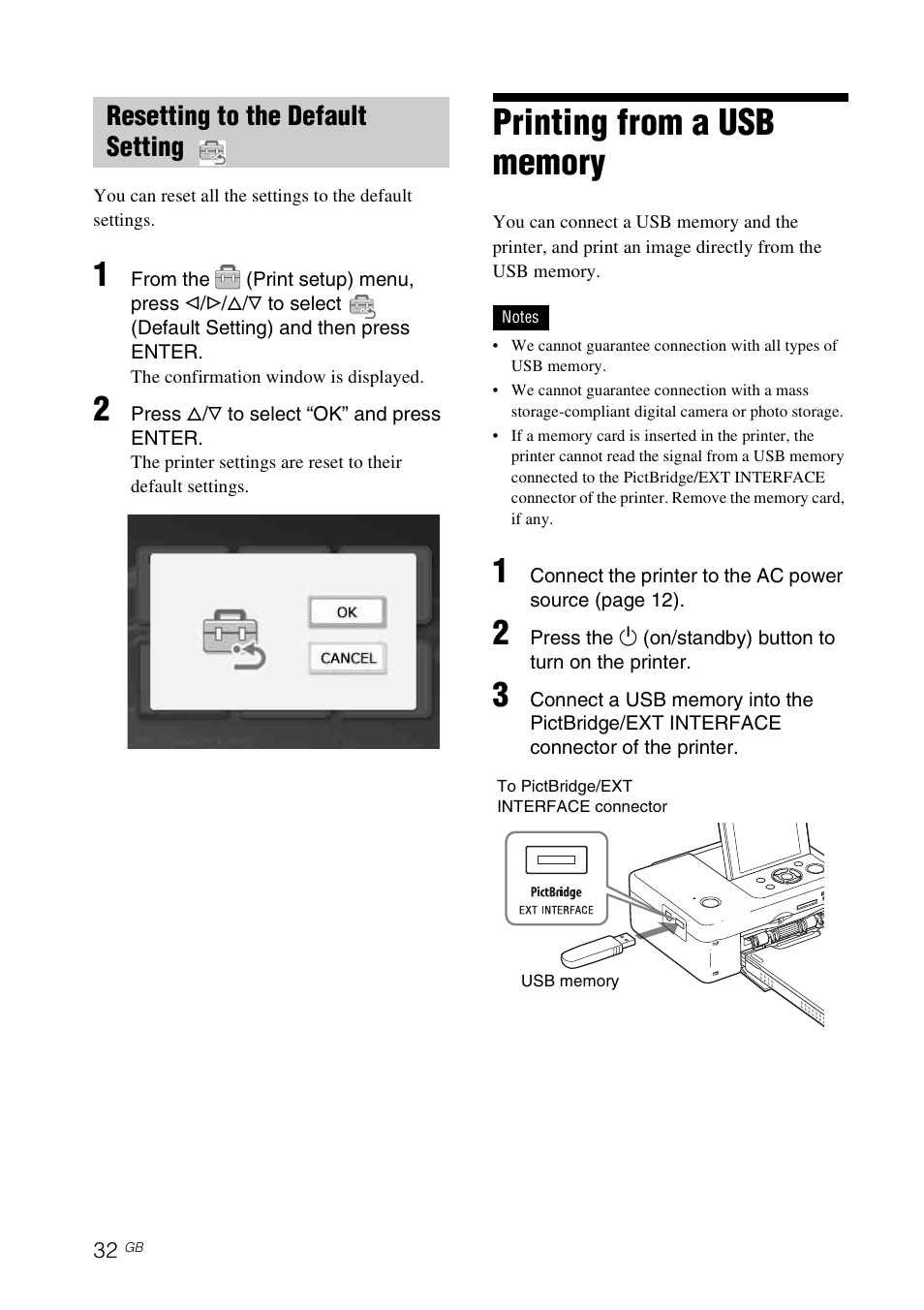 Resetting to the default setting, Printing from a usb memory, Es 32 | Sony DPP-FP77 User Manual | Page 32 / 72
