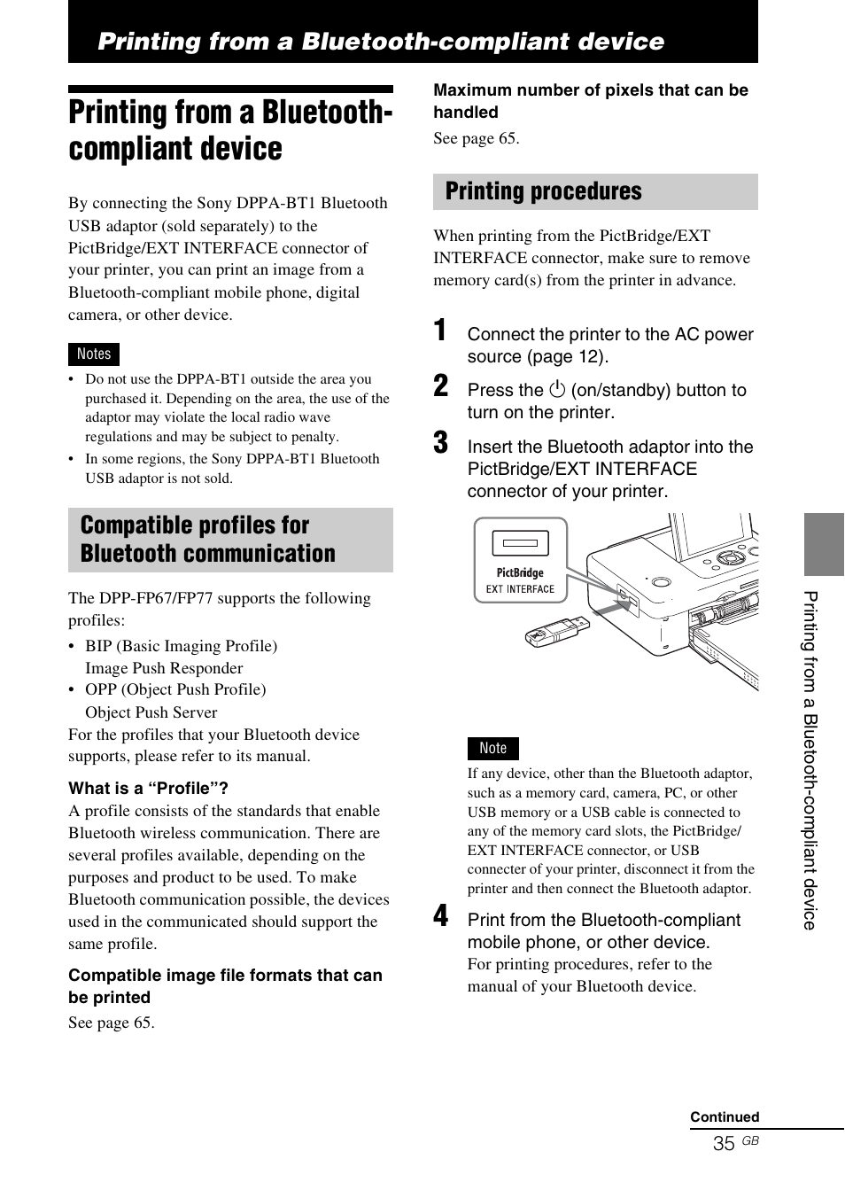 Printing from a bluetooth-compliant device, Printing from a bluetooth- compliant device, Compatible profiles for bluetooth communication | Printing procedures, Printing from a bluetooth, Compliant device | Sony DPP-FP77 User Manual | Page 35 / 72