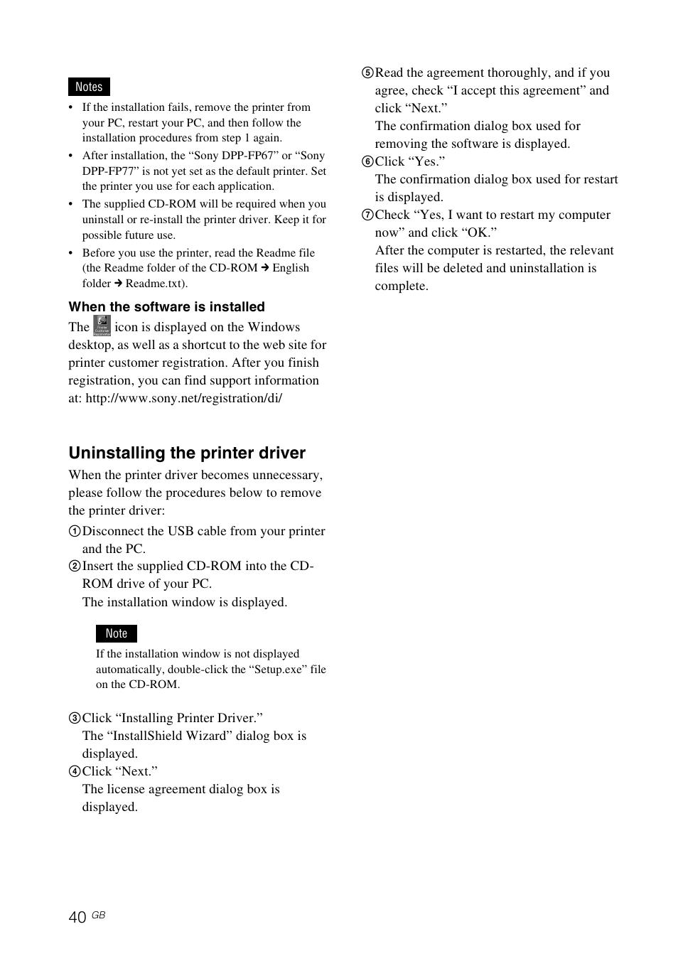 Uninstalling the printer driver | Sony DPP-FP77 User Manual | Page 40 / 72