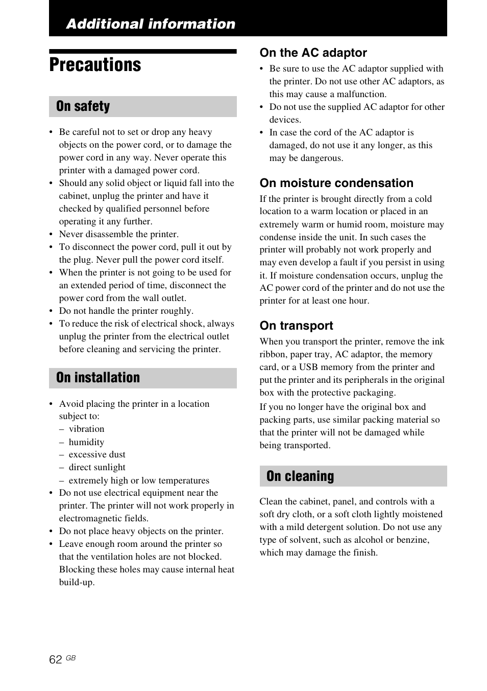 Additional information, Precautions, On safety | On installation, On cleaning, On safety on installation on cleaning | Sony DPP-FP77 User Manual | Page 62 / 72