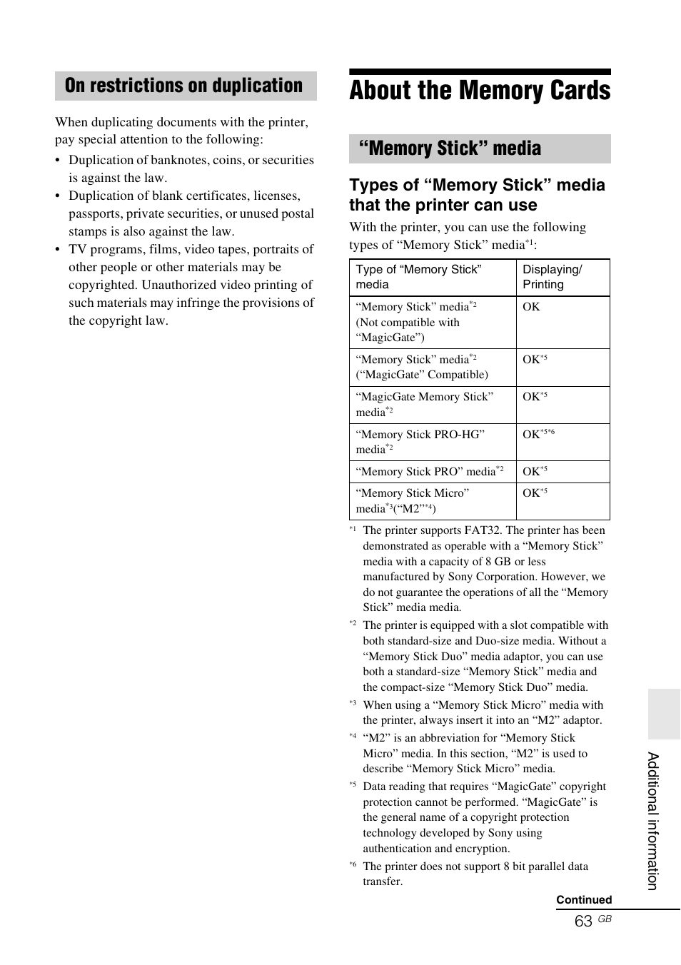 On restrictions on duplication, About the memory cards, Memory stick” media | S 63 t, S 63 to 65, Ad diti on al i n fo rma tio n | Sony DPP-FP77 User Manual | Page 63 / 72