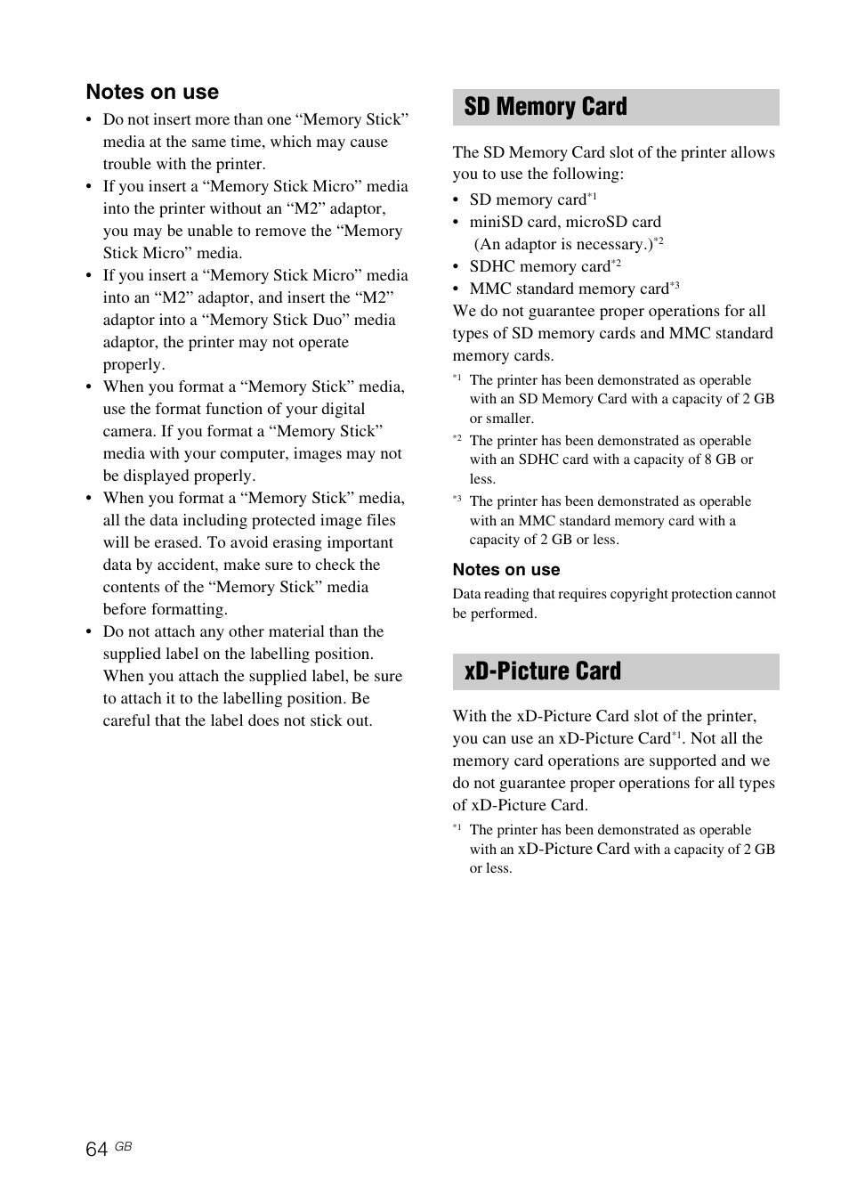 Sd memory card, Xd-picture card, Sd memory card xd-picture card | Sony DPP-FP77 User Manual | Page 64 / 72