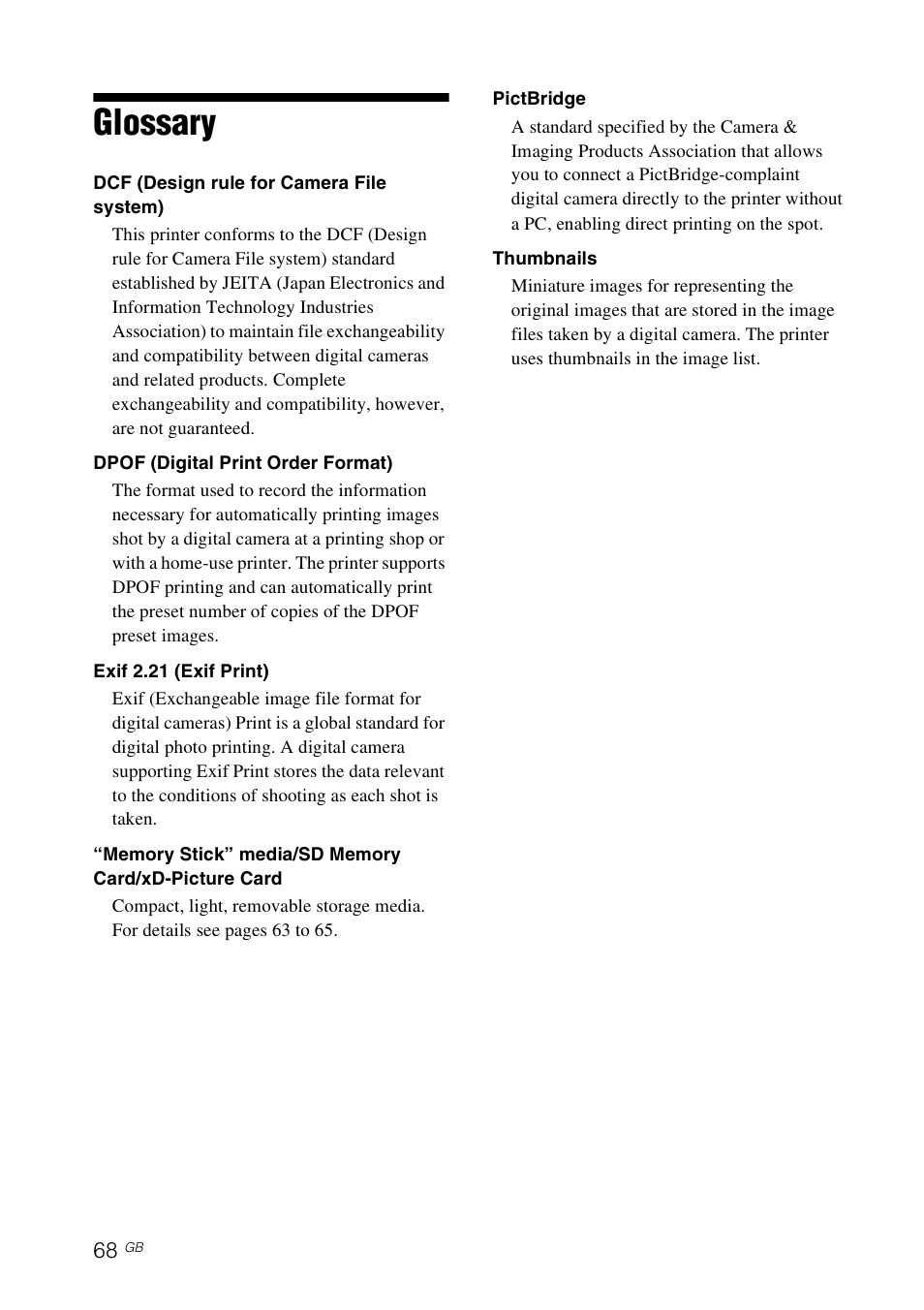 Glossary | Sony DPP-FP77 User Manual | Page 68 / 72