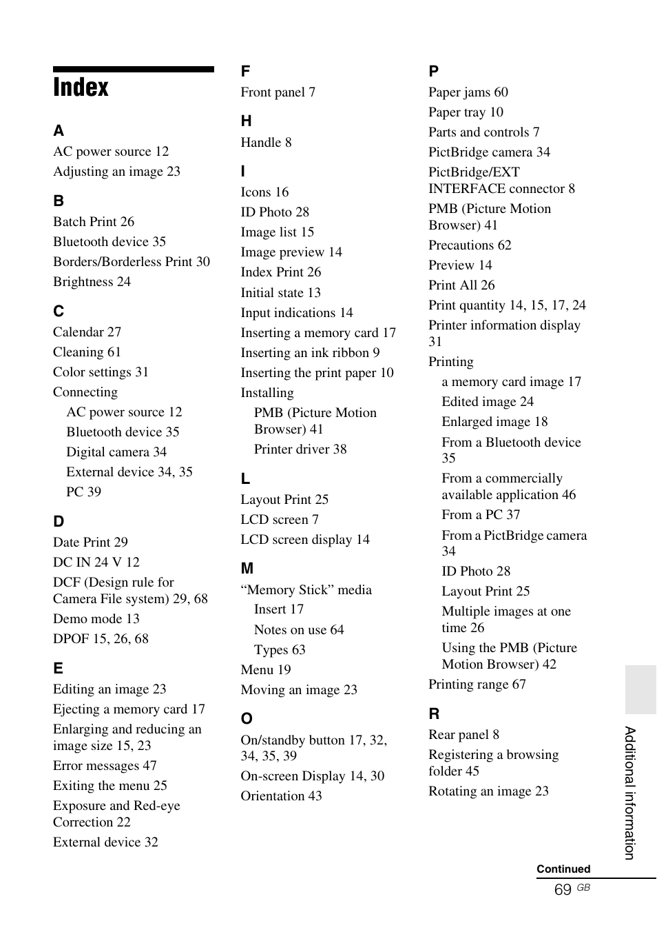 Index | Sony DPP-FP77 User Manual | Page 69 / 72