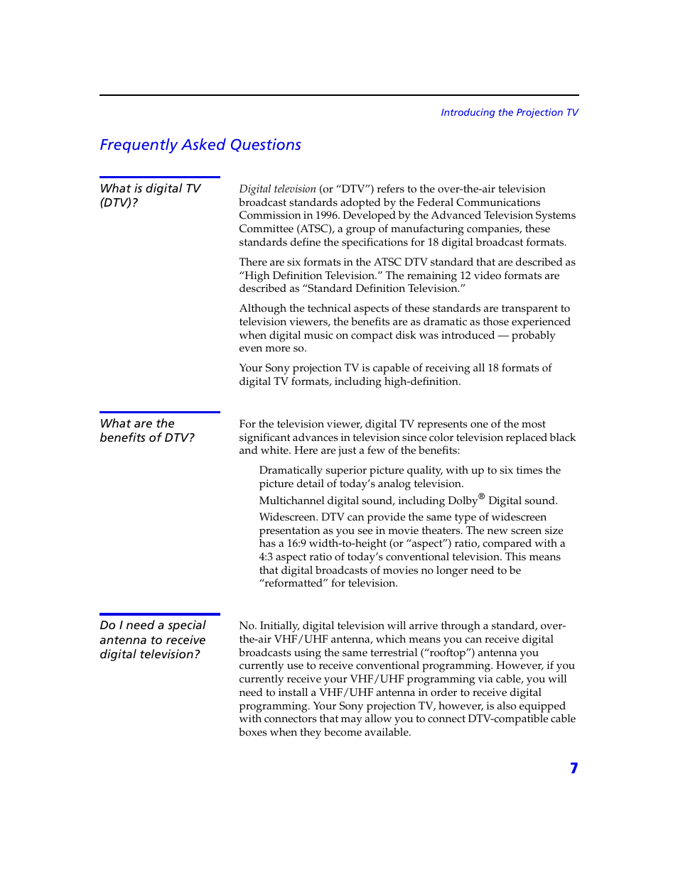 7frequently asked questions | Sony KDP 65XBR2 User Manual | Page 17 / 94