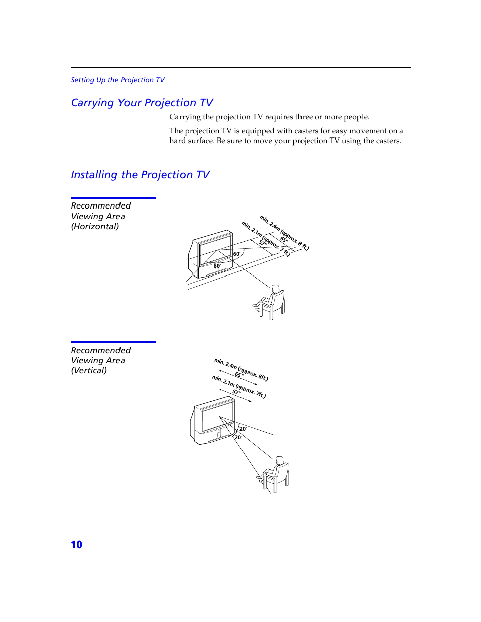 10 carrying your projection tv, Installing the projection tv | Sony KDP 65XBR2 User Manual | Page 20 / 94