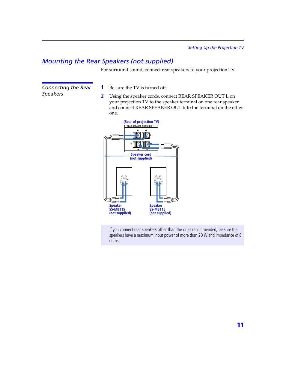 11 mounting the rear speakers (not supplied) | Sony KDP 65XBR2 User Manual | Page 21 / 94