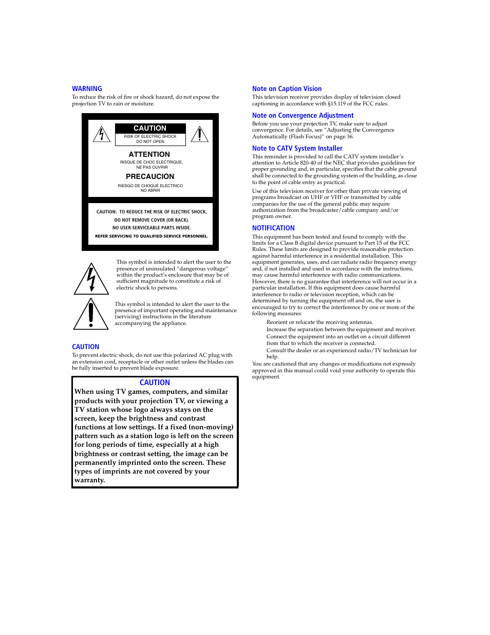 Caution | Sony KDP 65XBR2 User Manual | Page 3 / 94