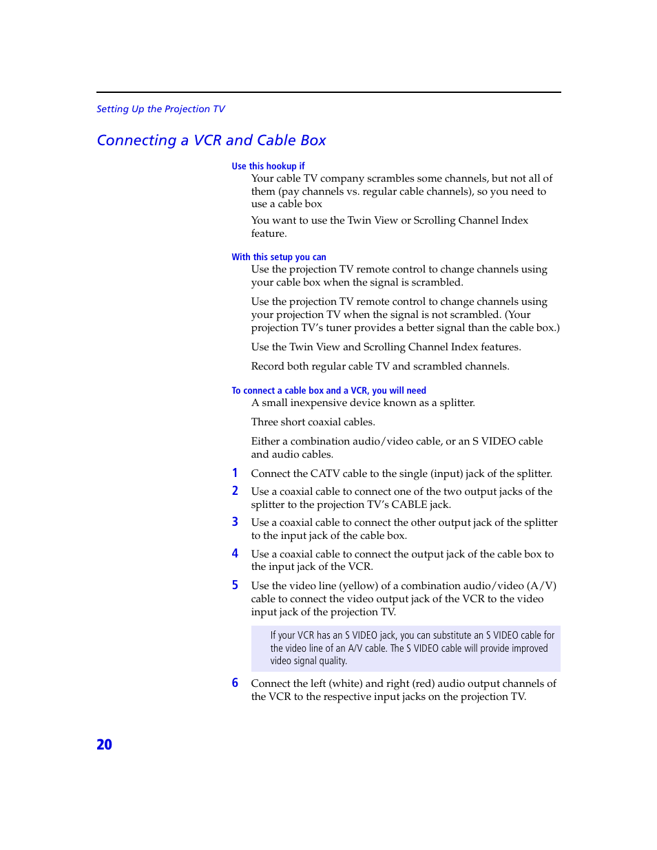 20 connecting a vcr and cable box | Sony KDP 65XBR2 User Manual | Page 30 / 94