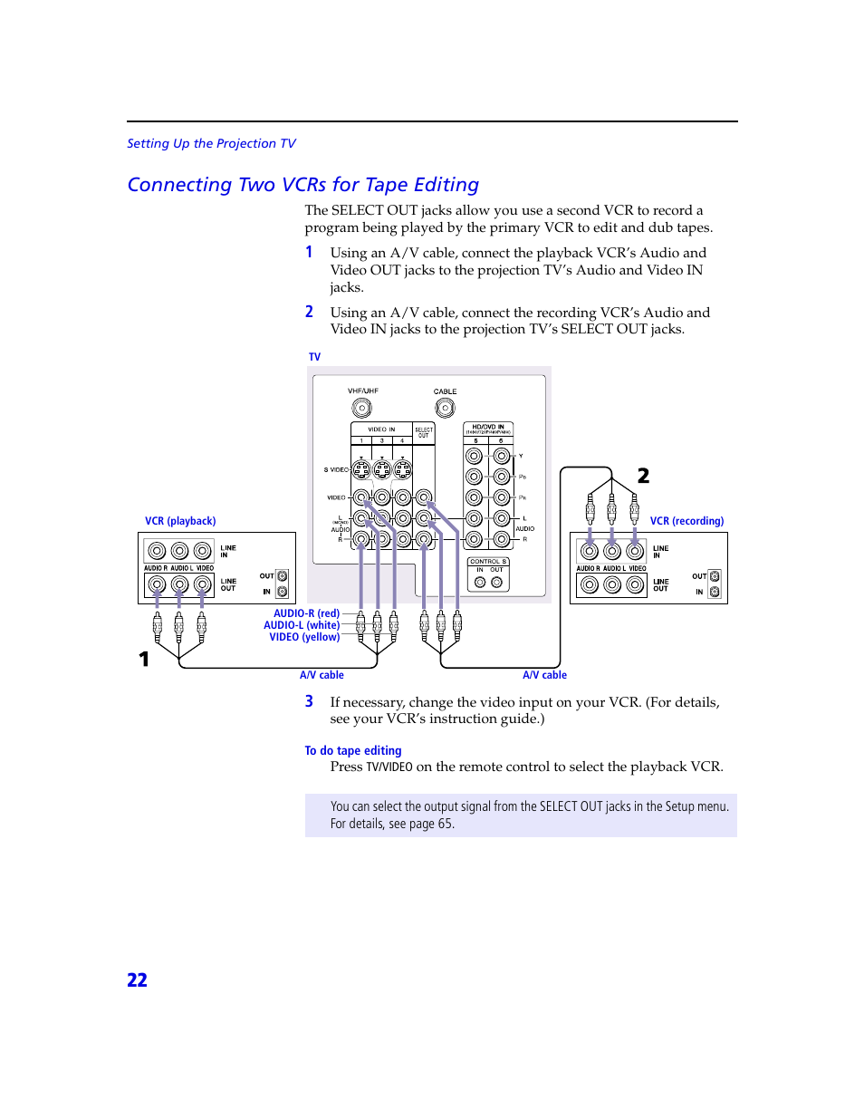 22 connecting two vcrs for tape editing | Sony KDP 65XBR2 User Manual | Page 32 / 94