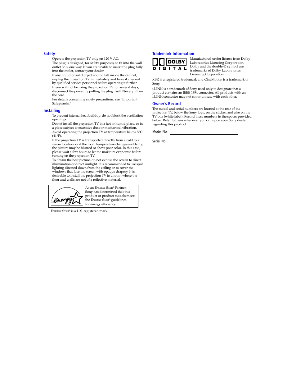 Safety, Installing, Trademark information | Owner’s record | Sony KDP 65XBR2 User Manual | Page 4 / 94