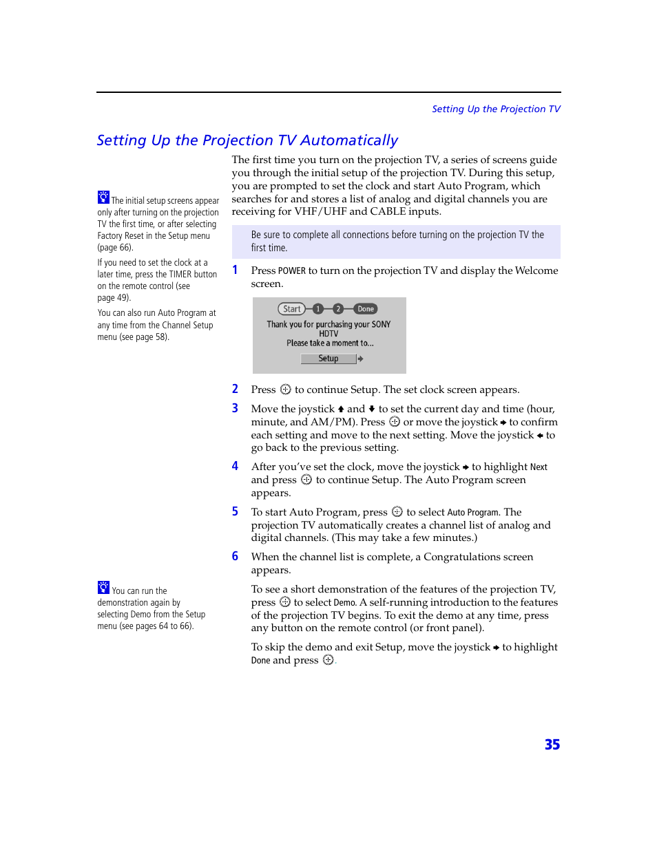 35 setting up the projection tv automatically | Sony KDP 65XBR2 User Manual | Page 45 / 94