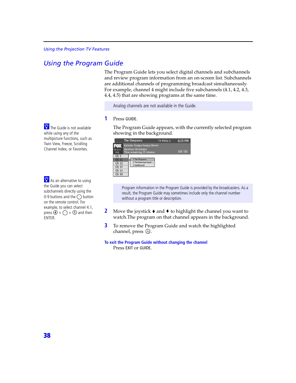 38 using the program guide | Sony KDP 65XBR2 User Manual | Page 48 / 94