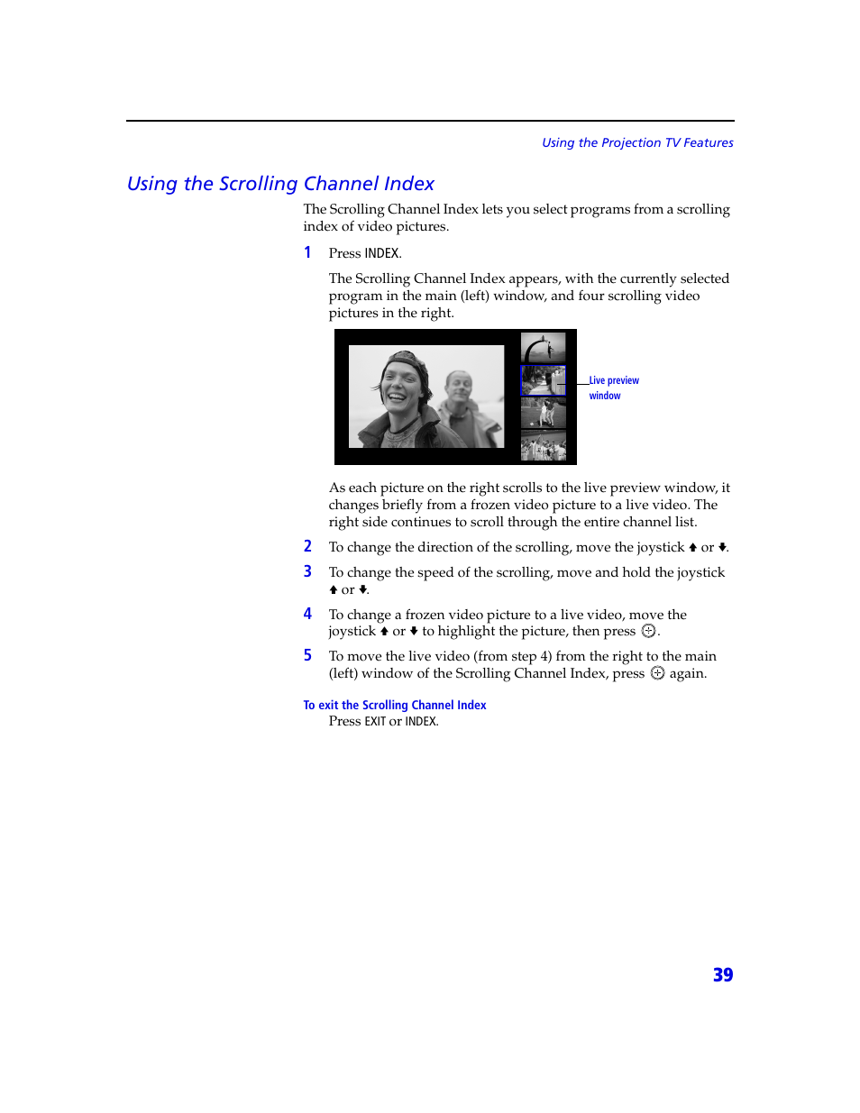 39 using the scrolling channel index | Sony KDP 65XBR2 User Manual | Page 49 / 94