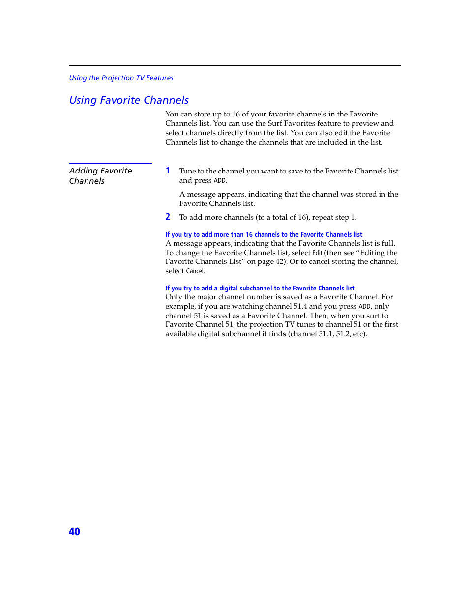 40 using favorite channels | Sony KDP 65XBR2 User Manual | Page 50 / 94