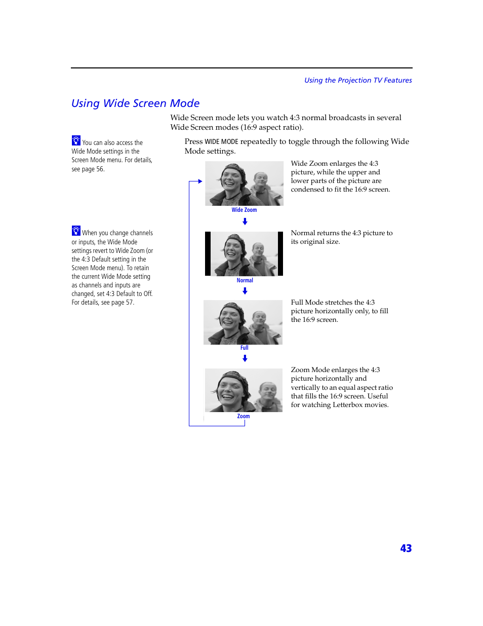 43 using wide screen mode | Sony KDP 65XBR2 User Manual | Page 53 / 94