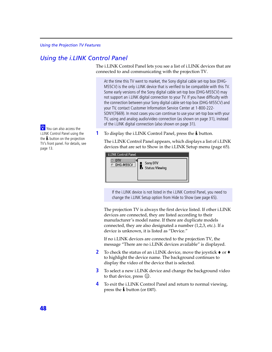 48 using the i.link control panel | Sony KDP 65XBR2 User Manual | Page 58 / 94