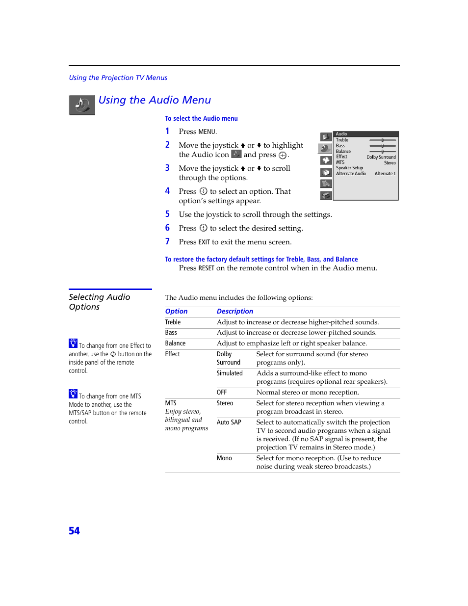 54 using the audio menu | Sony KDP 65XBR2 User Manual | Page 64 / 94