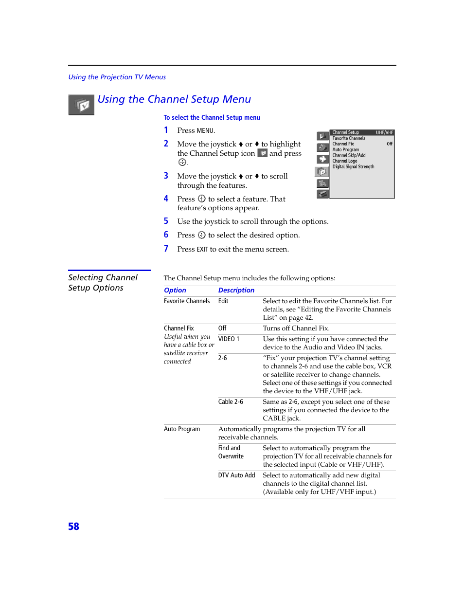 58 using the channel setup menu | Sony KDP 65XBR2 User Manual | Page 68 / 94