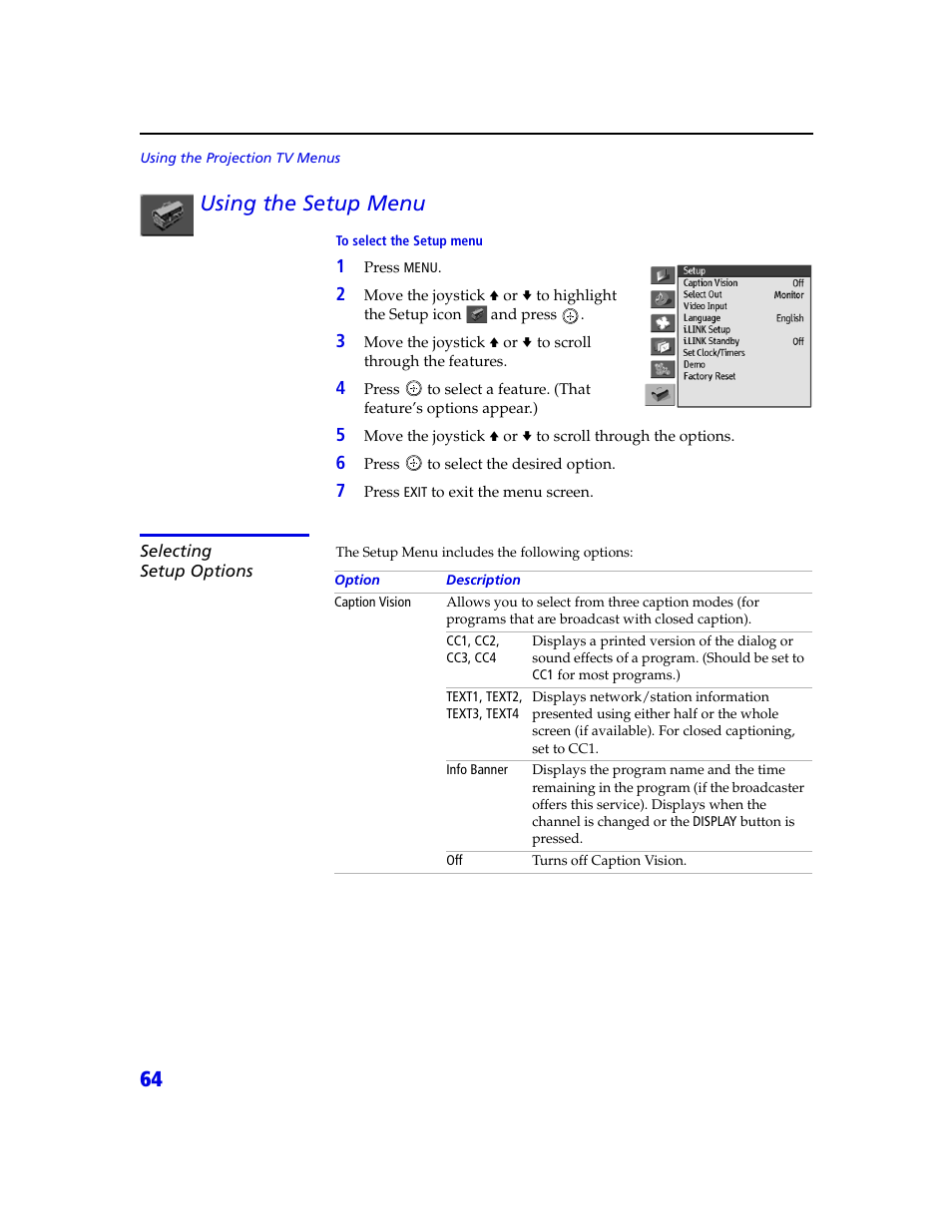 64 using the setup menu | Sony KDP 65XBR2 User Manual | Page 74 / 94