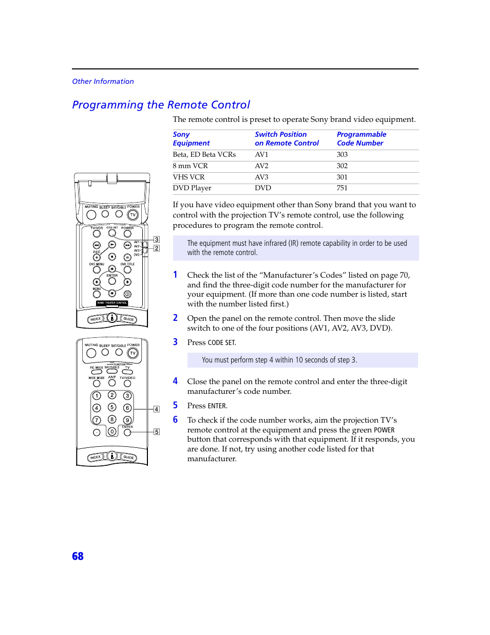 68 programming the remote control | Sony KDP 65XBR2 User Manual | Page 78 / 94