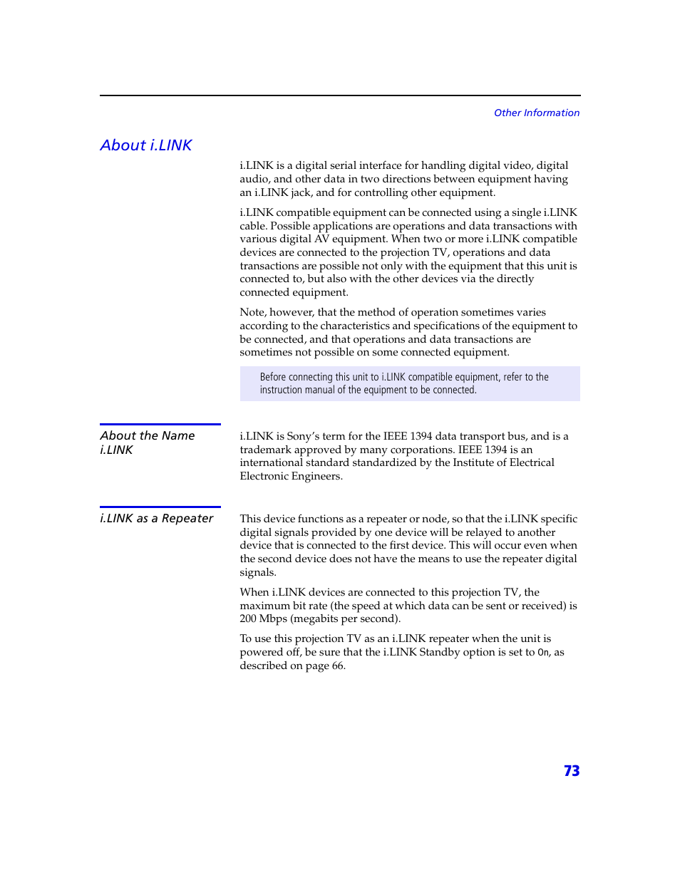 73 about i.link | Sony KDP 65XBR2 User Manual | Page 83 / 94