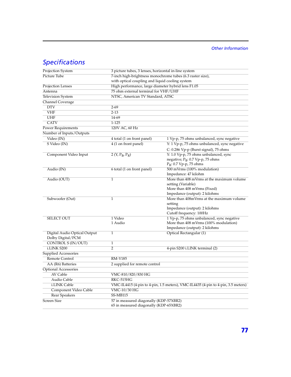 77 specifications | Sony KDP 65XBR2 User Manual | Page 87 / 94