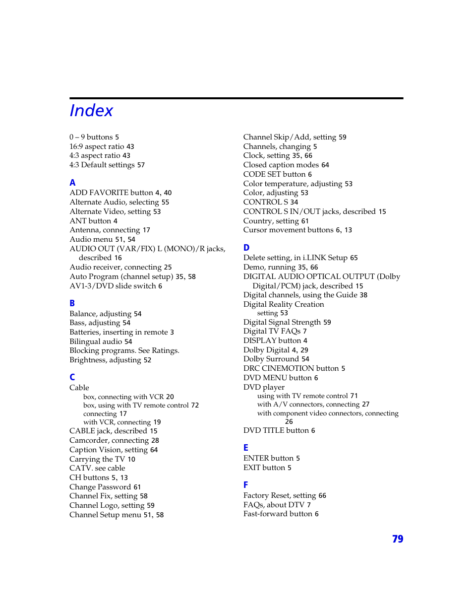 Index | Sony KDP 65XBR2 User Manual | Page 89 / 94