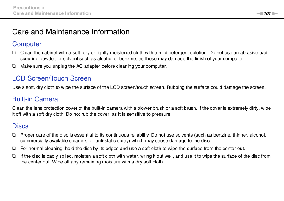 Care and maintenance information, Computer, Lcd screen/touch screen | Built-in camera, Discs | Sony VAIO VPCJ11 User Manual | Page 101 / 152