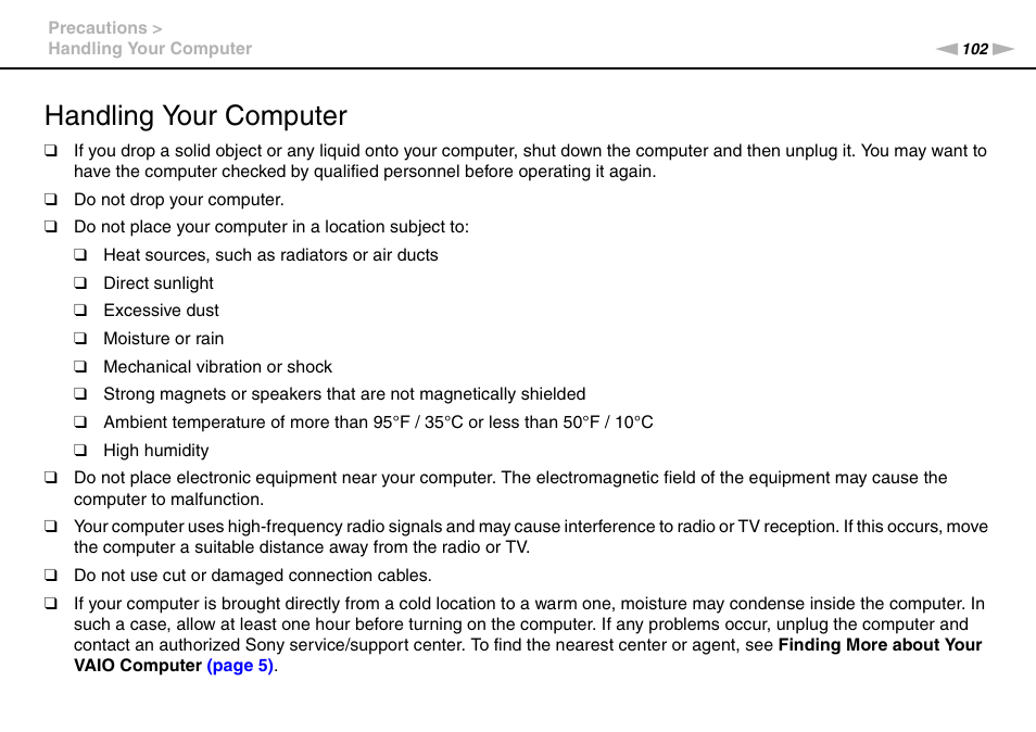 Handling your computer | Sony VAIO VPCJ11 User Manual | Page 102 / 152