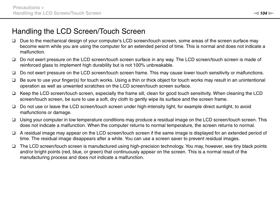 Handling the lcd screen/touch screen | Sony VAIO VPCJ11 User Manual | Page 104 / 152