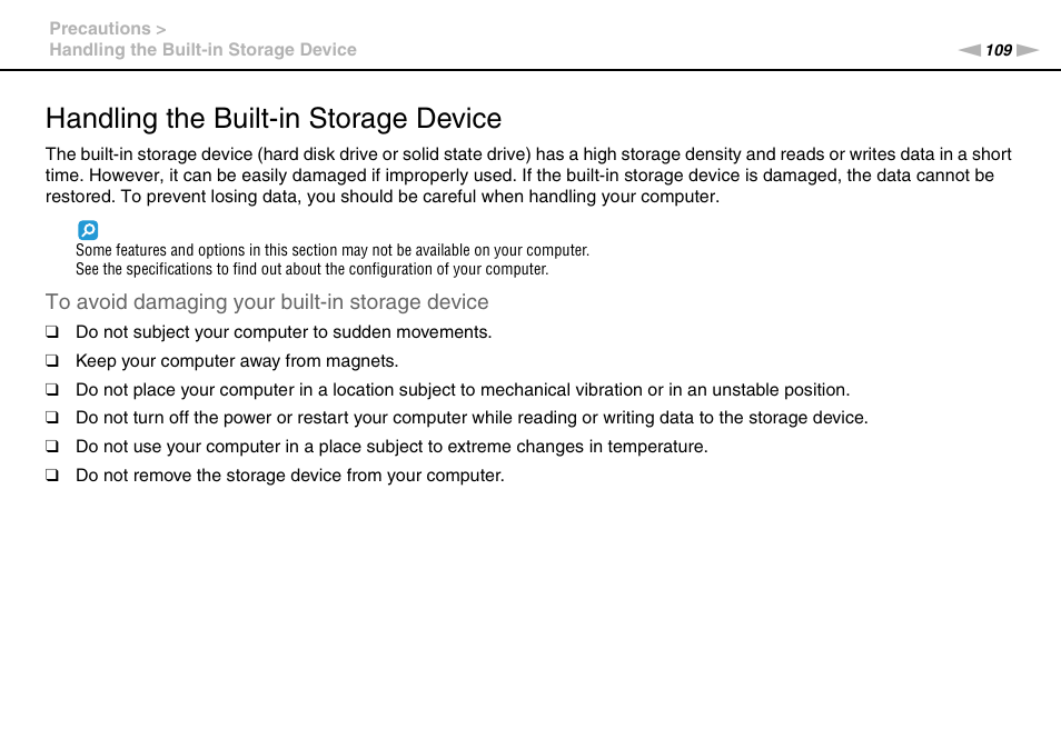 Handling the built-in storage device | Sony VAIO VPCJ11 User Manual | Page 109 / 152
